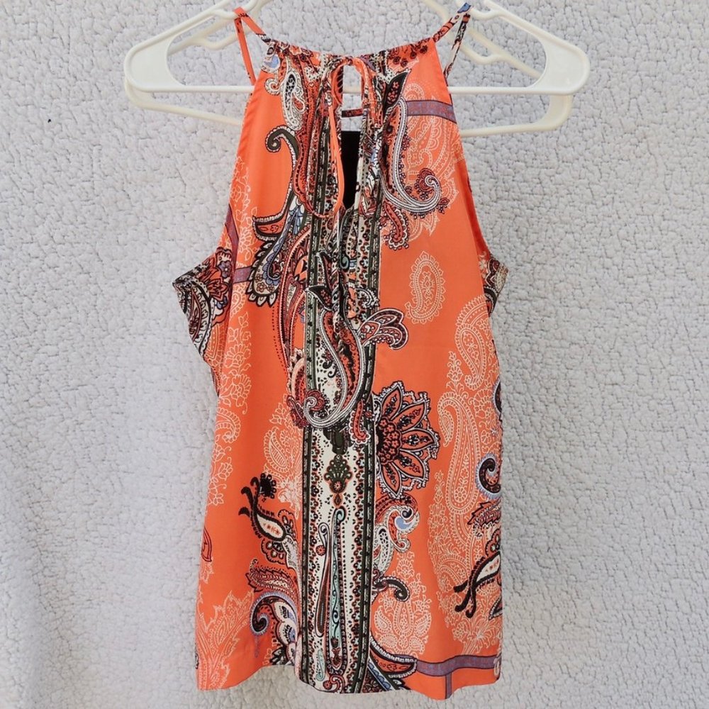New York & Company Orange Paisley String Loose Halter Top